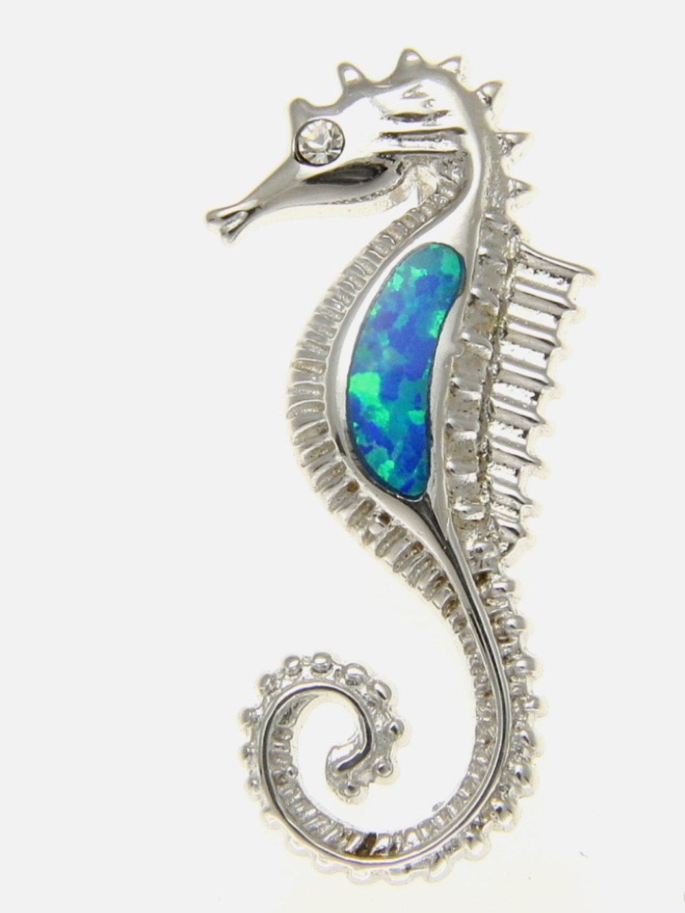 925 Sterling Silver Rhodium Seahorse Blue Opal CZ Pendant with 17" Silver Chain